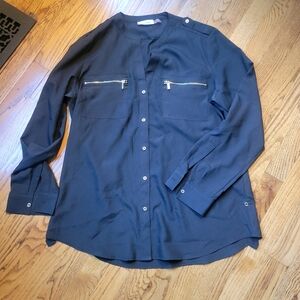 Calvin Klein Black Button Front Blouse Zip Pocket Detail, M
